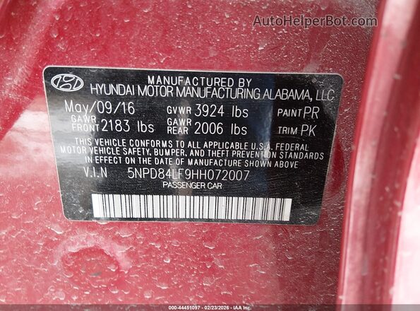 5NPD84LF9HH072007 2017 HYUNDAI ELANTRA Red Engine compartment view