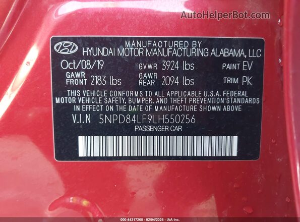 5NPD84LF9LH550256 2020 HYUNDAI ELANTRA Red Շարժիչի բաժամունքի տեսք