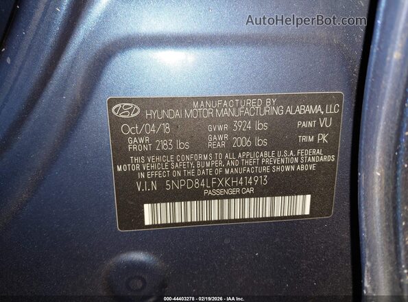5NPD84LFXKH414913 2019 HYUNDAI ELANTRA Blue Engine compartment view