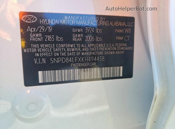 5NPD84LFXKH494438 2019 HYUNDAI ELANTRA Белый Вид подкапотного пространства
