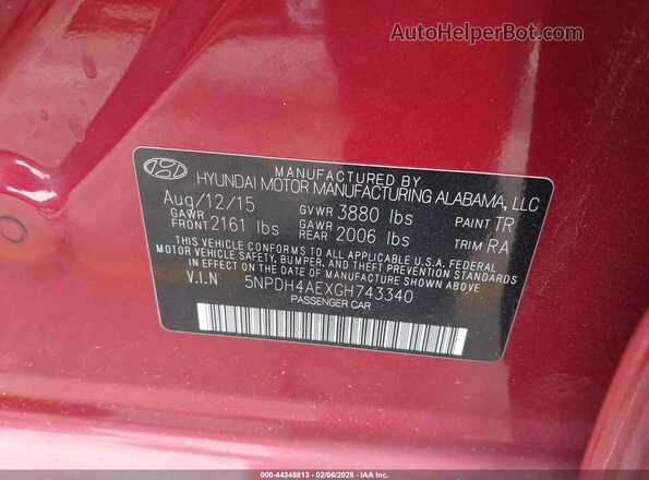 5NPDH4AEXGH743340 2016 HYUNDAI ELANTRA Красный Вид подкапотного пространства