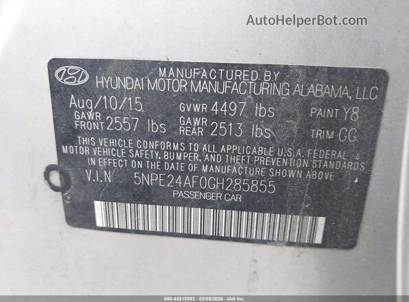 5NPE24AF0GH285855 2016 HYUNDAI SONATA Серебряный Вид подкапотного пространства
