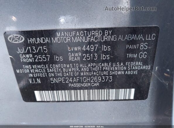 5NPE24AF1GH269373 2016 HYUNDAI SONATA Серебряный Вид подкапотного пространства