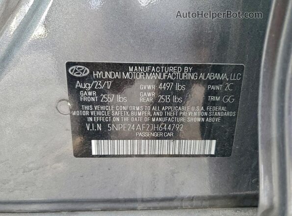 5NPE24AF2JH644792 2018 HYUNDAI SONATA Серый Вид подкапотного пространства