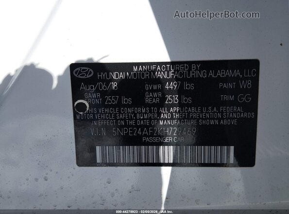 5NPE24AF2KH729469 2019 HYUNDAI SONATA Белый Вид подкапотного пространства