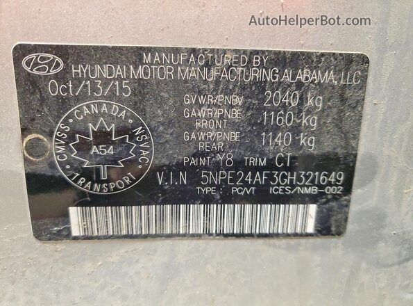 5NPE24AF3GH321649 2016 HYUNDAI SONATA Silver VIN sticker view