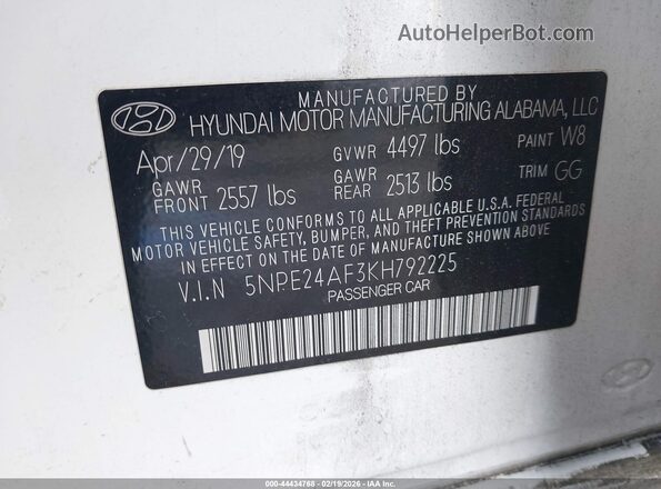 5NPE24AF3KH792225 2019 HYUNDAI SONATA Белый Вид подкапотного пространства