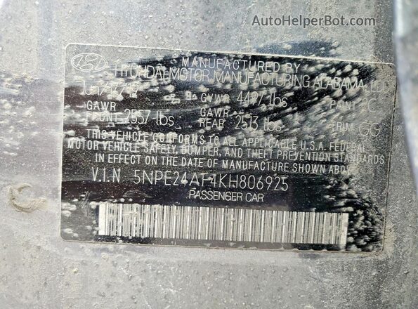 5NPE24AF4KH806925 2019 HYUNDAI SONATA Серый Вид подкапотного пространства