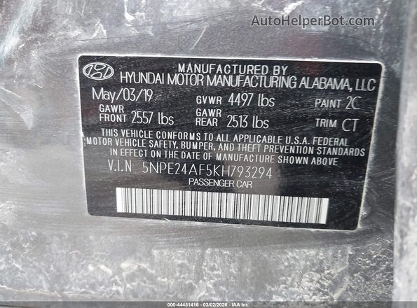 5NPE24AF5KH793294 2019 HYUNDAI SONATA Серый Вид подкапотного пространства