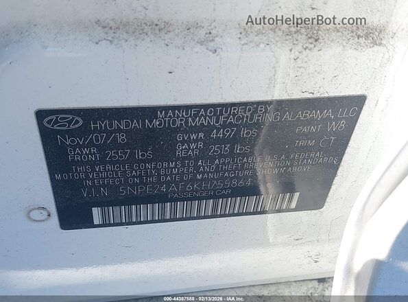 5NPE24AF6KH755864 2019 HYUNDAI SONATA Белый Вид подкапотного пространства