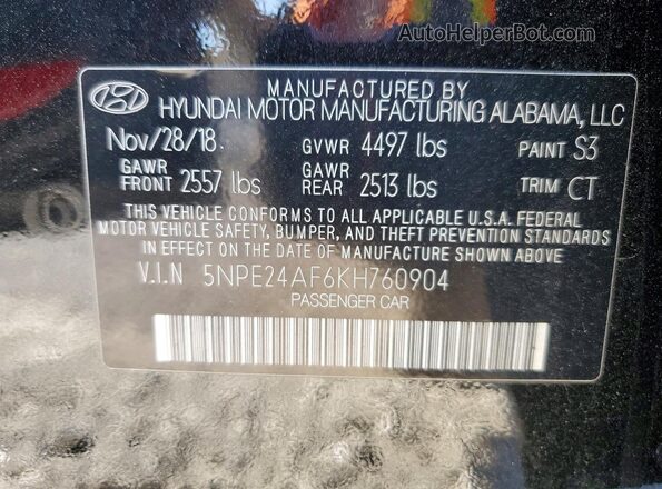 5NPE24AF6KH760904 2019 HYUNDAI SONATA Black Vista del compartimento del motor