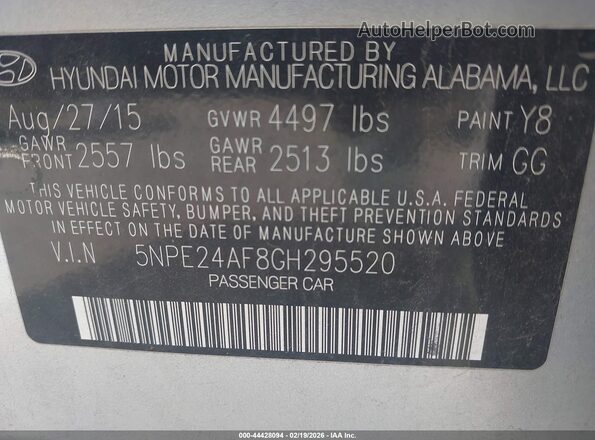 5NPE24AF8GH295520 2016 HYUNDAI SONATA Серебряный Вид подкапотного пространства