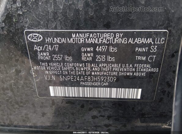 5NPE24AF8JH592309 2018 HYUNDAI SONATA Black Շարժիչի բաժամունքի տեսք