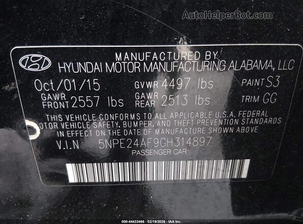 5NPE24AF9GH314897 2016 HYUNDAI SONATA Black Engine compartment view