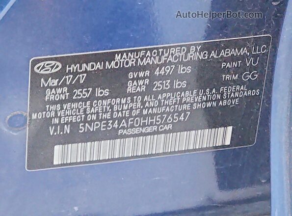 5NPE34AF0HH576547 2017 HYUNDAI SONATA Синий Вид подкапотного пространства