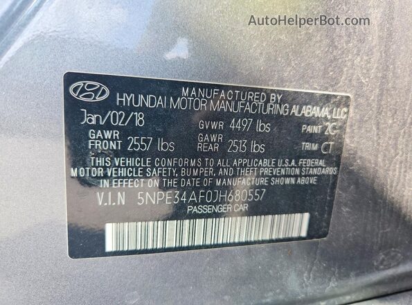 5NPE34AF0JH680557 2018 HYUNDAI SONATA Серый Вид наклейки с VIN-кодом