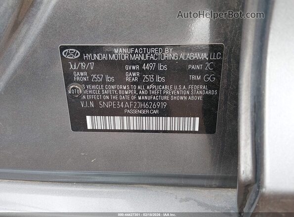 5NPE34AF2JH626919 2018 HYUNDAI SONATA Gray ძრავის განყოფილების ხედი