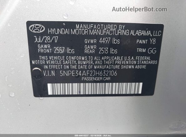 5NPE34AF2JH632106 2018 HYUNDAI SONATA Silver Вид підкапотного простору