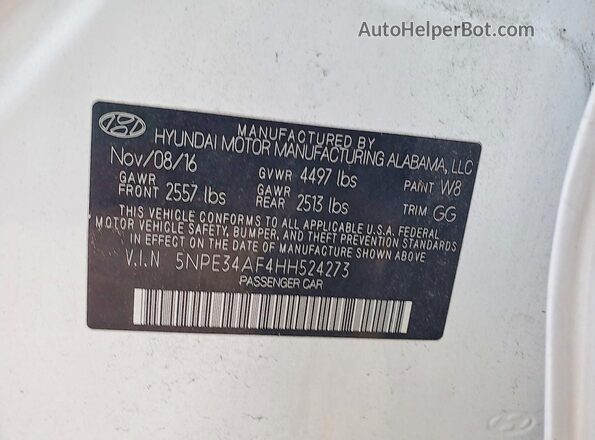 5NPE34AF4HH524273 2017 HYUNDAI SONATA White Вид підкапотного простору