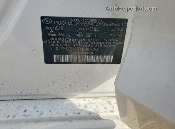 5NPE34AF5KH819793 2019 HYUNDAI SONATA Белый Вид наклейки с VIN-кодом