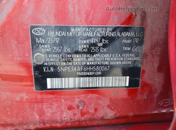 5NPE34AF6HH580067 2017 HYUNDAI SONATA Красный Вид подкапотного пространства