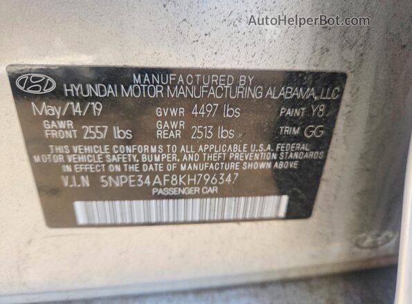 5NPE34AF8KH796347 2019 HYUNDAI SONATA Silver VIN կոդի պիտակի տեսք