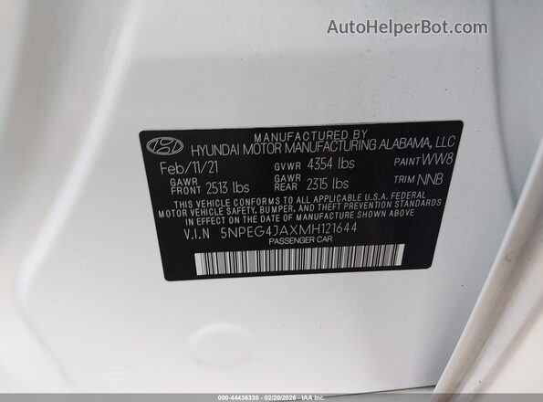5NPEG4JAXMH121644 2021 HYUNDAI SONATA White Engine compartment view