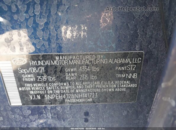 5NPEH4J28NH141723 2022 HYUNDAI SONATA Синий Вид подкапотного пространства