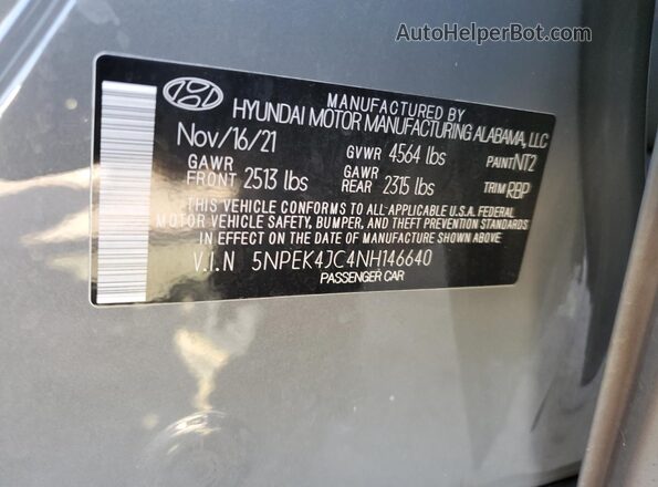 5NPEK4JC4NH146640 2022 HYUNDAI SONATA Gray Widok komory silnika