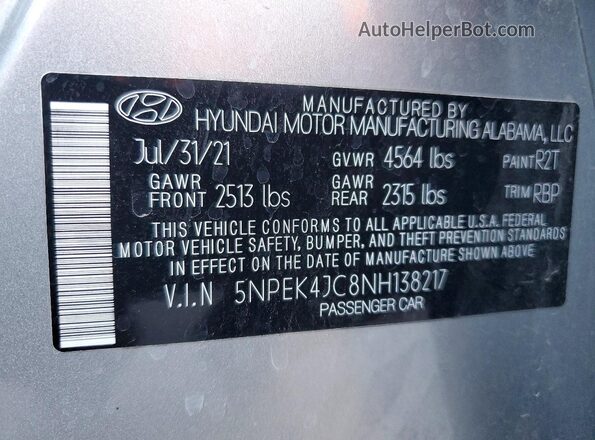 5NPEK4JC8NH138217 2022 HYUNDAI SONATA Серебряный Вид наклейки с VIN-кодом