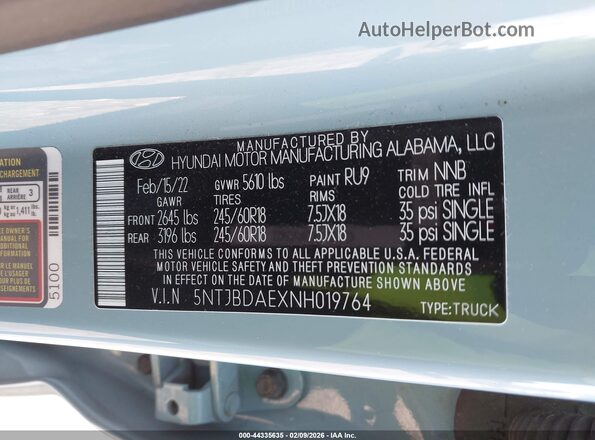 5NTJBDAEXNH019764 2022 HYUNDAI SANTA CRUZ Blue Widok komory silnika