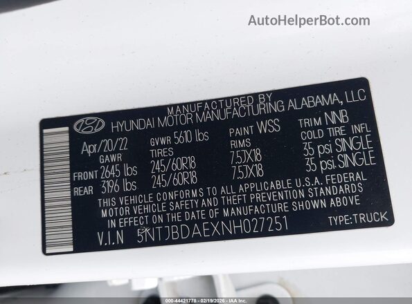 5NTJBDAEXNH027251 2022 HYUNDAI SANTA CRUZ Белый Вид подкапотного пространства