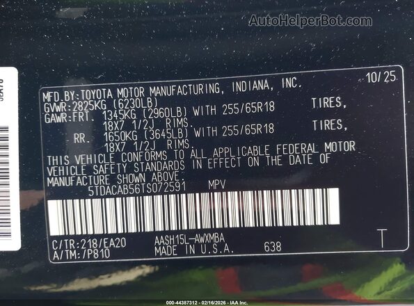 5TDACAB56TS072591 2026 TOYOTA LE Black Engine compartment view