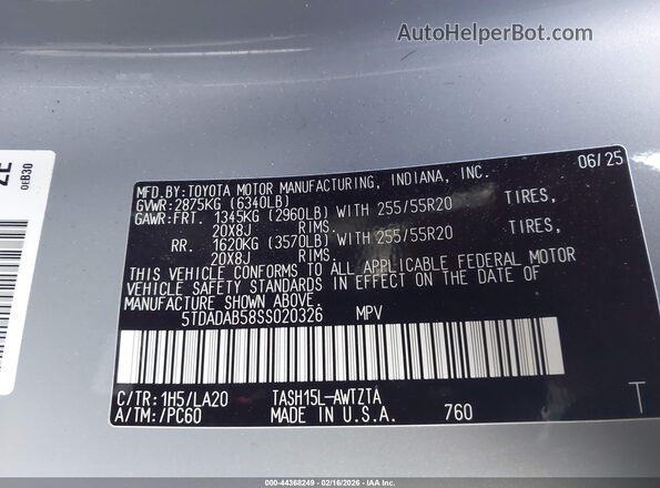 5TDADAB58SS020326 2025 TOYOTA HIGHLANDER HYBRID Gray Widok komory silnika
