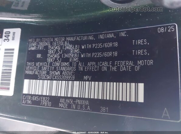 5TDCSKFCXSS209959 2025 TOYOTA SIENNA Зеленый Вид подкапотного пространства