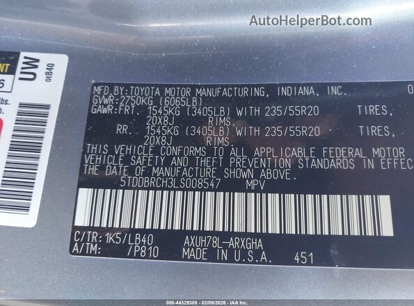 5TDDBRCH3LS008547 2020 TOYOTA LIMITED Синий Вид подкапотного пространства