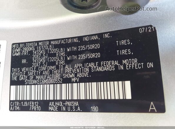 5TDDRKEC6MS060552 2021 TOYOTA SIENNA Silver Շարժիչի բաժամունքի տեսք