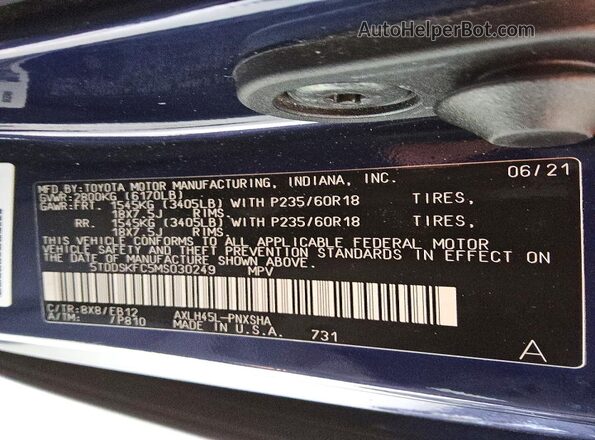 5TDDSKFC5MS030249 2021 TOYOTA SIENNA Синий Вид наклейки с VIN-кодом