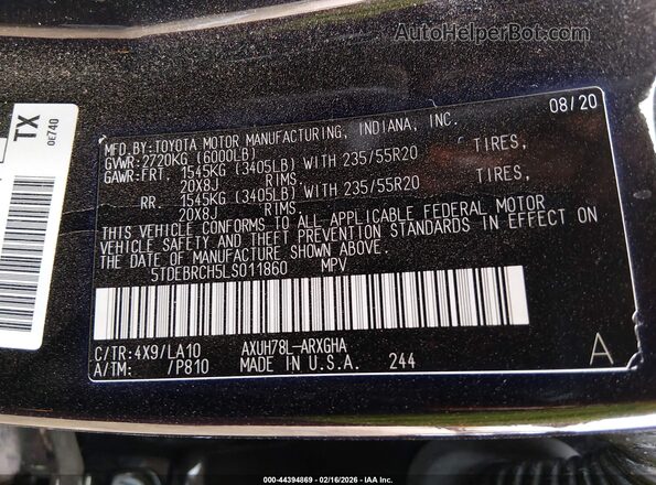 5TDEBRCH5LS011860 2020 TOYOTA HIGHLANDER HYBRID Черный Вид подкапотного пространства