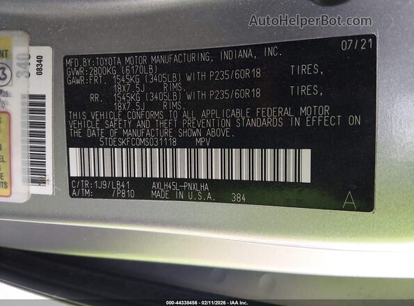5TDESKFC0MS031118 2021 TOYOTA SIENNA Silver Вид підкапотного простору