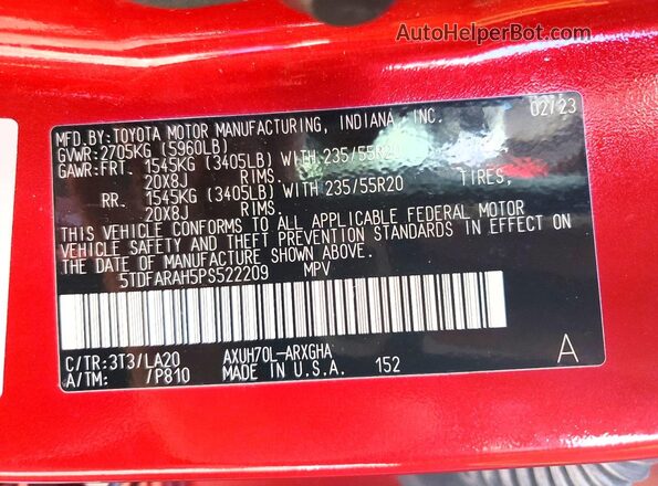 5TDFARAH5PS522209 2023 TOYOTA HIGHLANDER HYBRID Red VIN sticker view