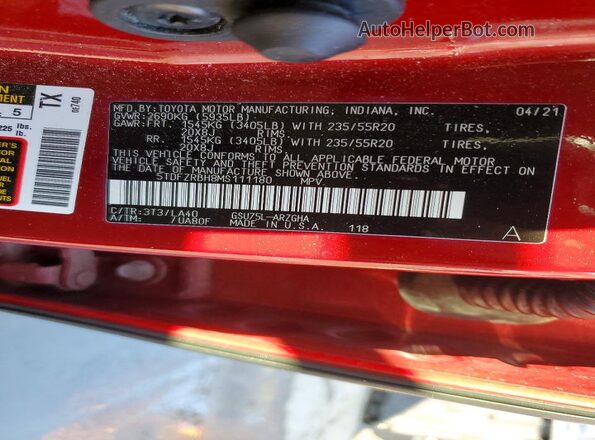 5TDFZRBH8MS111180 2021 TOYOTA HIGHLANDER Red Vista de la etiqueta del VIN