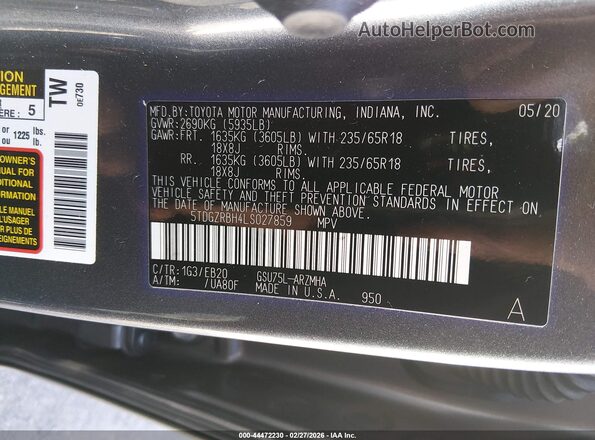 5TDGZRBH4LS027859 2020 TOYOTA LE Gray Vista del compartimento del motor