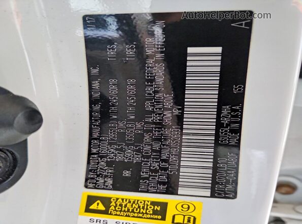 5TDJZRFH9JS526931 2018 TOYOTA HIGHLANDER White VIN კოდის სტიკერის ხედი