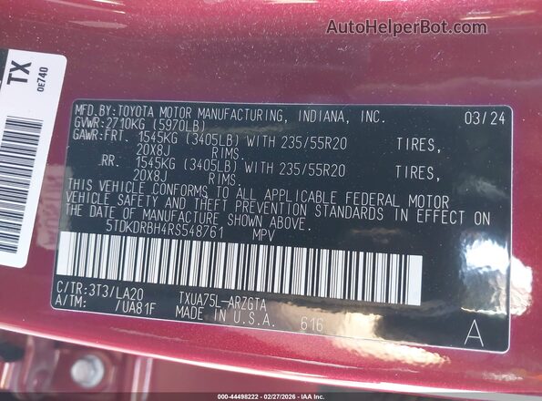 5TDKDRBH4RS548761 2024 TOYOTA HIGHLANDER Красный Вид подкапотного пространства