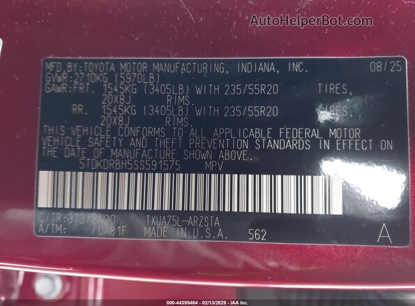 5TDKDRBH5SS591575 2025 TOYOTA HIGHLANDER Red Vista del compartimento del motor