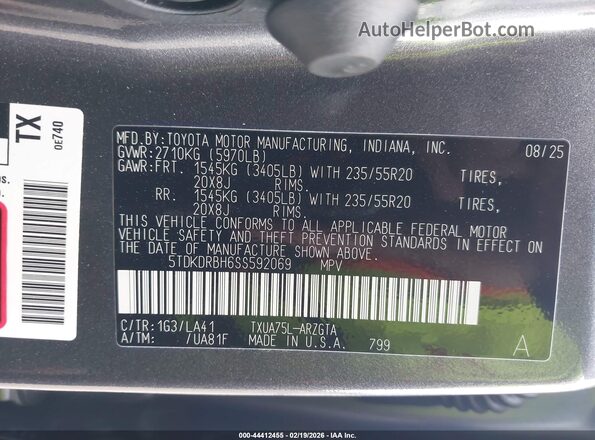 5TDKDRBH6SS592069 2025 TOYOTA HIGHLANDER Серый Вид подкапотного пространства