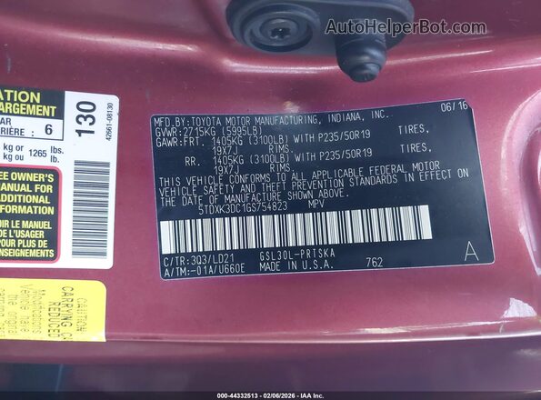 5TDXK3DC1GS754823 2016 TOYOTA SIENNA Темно-бордовый Вид подкапотного пространства