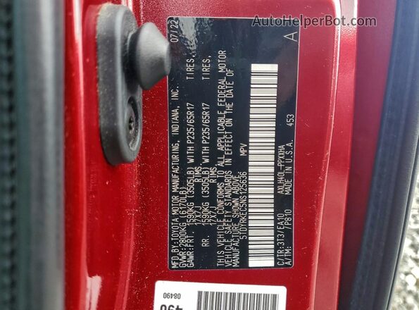 5TDYRKEC5NS125636 2022 TOYOTA SIENNA Red Vista de la etiqueta del VIN