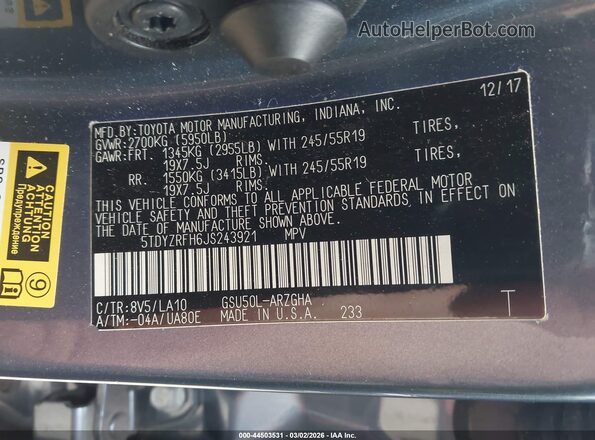 5TDYZRFH6JS243921 2018 TOYOTA LIMITED Синий Вид подкапотного пространства